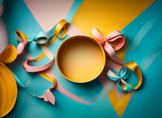 Top-down view of round boxes and ribbons in pastel blue, yellow, pink hues. Geometric background creates a cheerful, playful, and decorative scene.