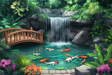 Wall Mural - Koi pond waterfall garden serene landscape