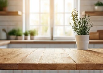 Wall Mural - Empty wooden table displaying a small rosemary plant in modern kitchen