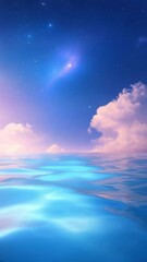 Poster - Vertical video of Serene Ocean Waters Under Starry Sky with Soft Clouds and Gentle Waves Reflecting Peaceful Blue Hues