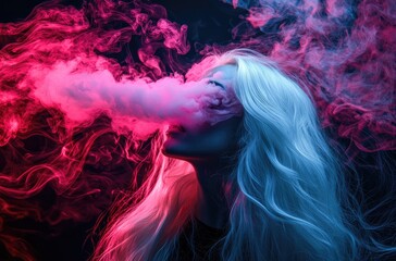 Wall Mural - Light painting of a woman with long white hair, with pink and purple smoke coming out of her mouth, against a dark background