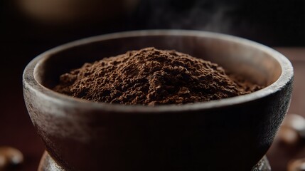 Wall Mural - Wooden Bowl Full of Dark Chocolate Powder, Delicious Food Ingredient