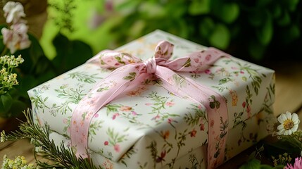 Wall Mural - Neatly wrapped spring gift with floral-patterned paper and ribbon, soft backdrop.