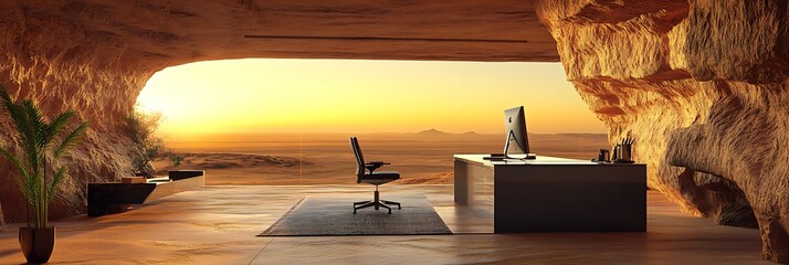 A polished virtual background of an office carved into a desert cliff with warm sandstone textures a modern desk and expansive views of a golden horizon