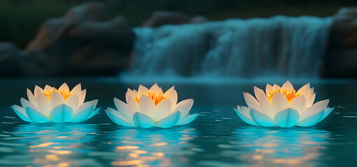 Wall Mural - Three water flowers on the lake with a waterfall on the background ,made of digital glowing dots, in neon blue and purple colors, dark background.