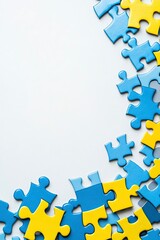 Wall Mural - Photo of blue and yellow puzzle pieces on a white background, stock photo for a racing game. The top right corner is empty for text. There is white space at the bottom of the image. 