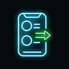 Wall Mural - neon glowing icon of a smartphone sending data with a green arrow symbolizing data transfer