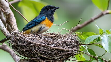 Wall Mural - Vivid Blue and Orange Bird in its Nest: A Stunning Wildlife Photo