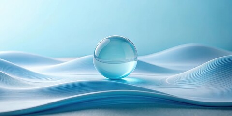 Poster - Serene Glass Orb Resting on Abstract Blue Undulating Surface, Evoking a Sense of Calm and Tranquility