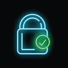 Wall Mural - Blue neon padlock is glowing with green check mark symbol on black background