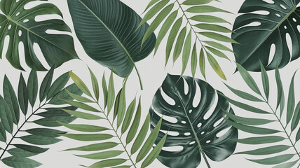 Wall Mural - Vibrant Tropical Leaves Collection with Varied Shapes, Sizes, and Intricate Patterns, Lush Green Shades from Deep Forest to Light Hues, High-Resolution Botanical Close-Up, Natural Texture on White 