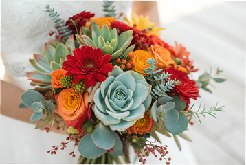 Poster - A vibrant bouquet featuring red gerberas, orange roses, blue succulents, and greenery, perfect for a wedding or special occasion.