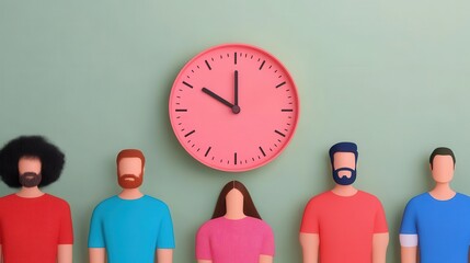 Wall Mural - Colorful figurines stand before a pink clock on a green wall, symbolizing time and teamwork.