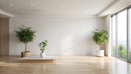 Sticker - Modern Minimalist Interior Design Spacious Room with Light Wood Floors, White Walls, and Lush Greenery