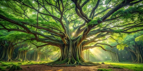 Wall Mural - Ancient Majestic Tree in Sunlit Grove, Enchanting Forest Scene with Lush Greenery and Sunlight Rays Filtering Through Canopy