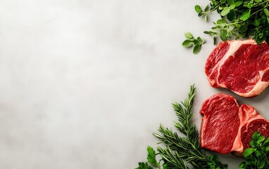 Fresh raw beef steaks on a marble surface surrounded by aromatic herbs, perfect for gourmet cooking or healthy meals.