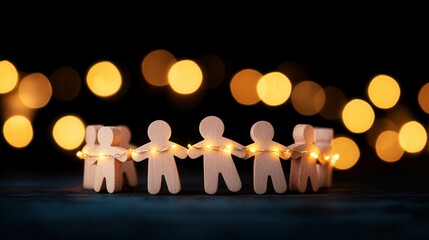 Wall Mural - A group of paper figures holds hands, illuminated by soft bokeh lights, symbolizing unity and togetherness.