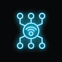 Wall Mural - bright blue neon wifi icon glowing on a black background, symbolizing internet connectivity and netw
