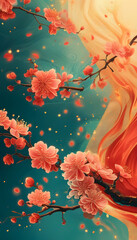 Poster - Pink Flowers on a Branch with a Red and Yellow Background