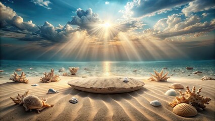 Sticker - Serene Seascape Sunbeams Illuminate Sandy Beach with Shells and Coral at Sunset