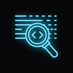 Wall Mural - neon magnifying glass is analyzing lines of code in a dark environment