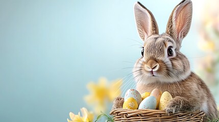 Easter day celebration with pastel tone easter eggs bunny rabbit in springtime setting