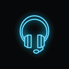 Wall Mural - Blue neon headset glowing on black background representing concept of online support