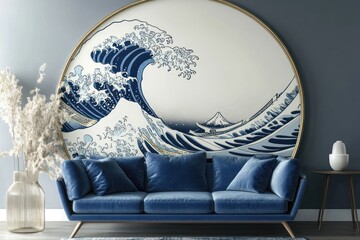 Wall Mural - Blue wave art decor, living room, calm interior design