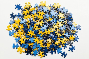 Wall Mural - Yellow and blue puzzle pieces on a white background, stock photo, high resolution, high quality photography.