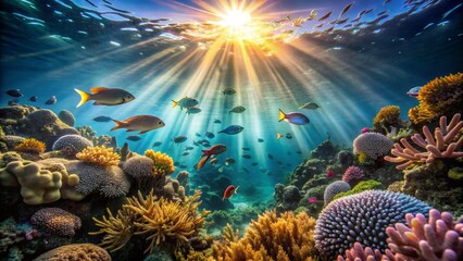 Wall Mural - Vibrant Underwater Scene with Coral and Colorful Tropical Fish