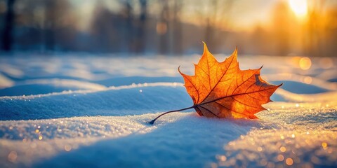 Sticker - A solitary autumn leaf rests gently on a blanket of pristine snow, bathed in the warm glow of the setting sun, a serene winter scene.