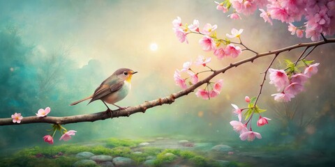 Naklejka na meble Serene avian perched on a blossoming branch, overlooking a tranquil stream in a misty, ethereal forest landscape.
