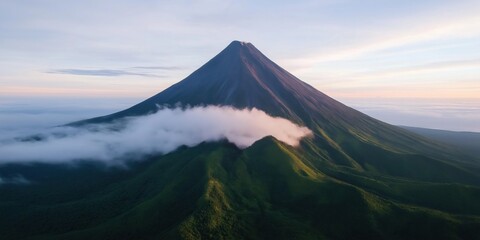 Wall Mural - A mountain with a green peak and a cloudy sky. The mountain is covered in trees and the clouds are white and fluffy