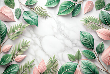 Sticker - A beautiful arrangement of green and pink leaves surrounding a marble background, creating a fresh and elegant natural aesthetic.