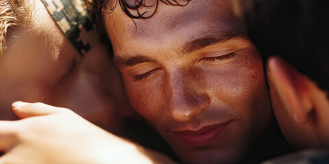 Close-up Portrait of a Freckled Man Embraced by Two People