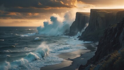 Wall Mural - waves crash against rugged cliffs at sunset casting vibrant colors over the ocean landscape