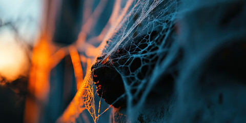 Dew-Covered Spiderweb on Dark Surface at Sunset