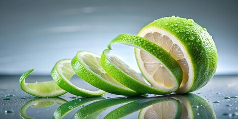 Wall Mural - Refreshing Lime Slices in a Spiral Arrangement on a Reflective Surface with Water Droplets