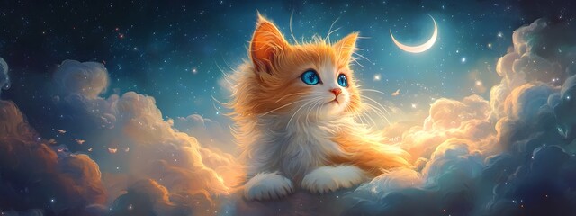 A charming orange and white cat with blue eyes, surrounded by the celestial backdrop
