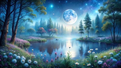 Wall Mural - Serene moonlit lake reflecting stars and trees in a mystical forest landscape with vibrant wildflowers