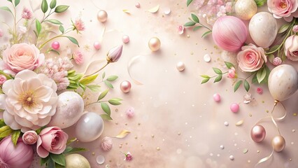 Wall Mural - Delicate pastel floral arrangement with glossy spheres and ribbons, perfect for a romantic celebration or elegant design