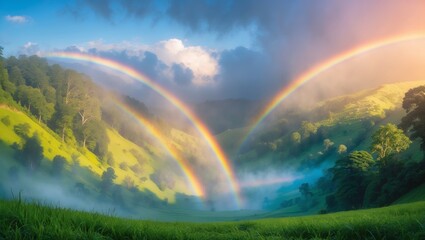 Wall Mural - majestic double rainbow arches over lush green hills and misty valley under a bright sky at dawn