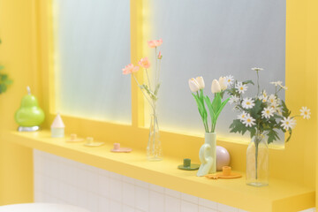 Poster - Bright yellow interior with decorative flowers in vases, creating cheerful atmosphere