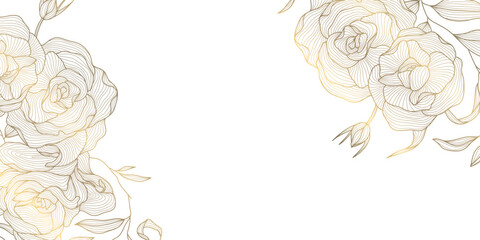 Wall Mural - vector gold rose line background, flower illustration, border, frame. plant chinese linear blossom, 