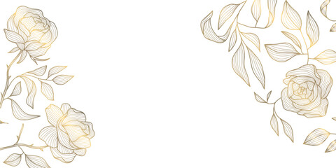 Wall Mural - vector gold rose line background, flower illustration, border, frame. plant chinese linear blossom, 