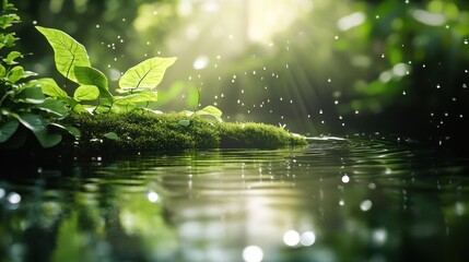 Wall Mural - Sunlight on plant over water with forest background for ecological and nature-themed use