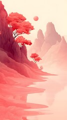 Wall Mural - A serene landscape showcasing vibrant red trees against soft mountains, reflecting in a calm body of water, creating a tranquil and dreamlike atmosphere.