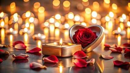 Sticker - Romantic ambiance featuring a burning candle and a rose in a heart-shaped container, surrounded by scattered petals and soft candlelight.