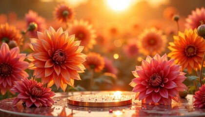 Luxurious background in dahlia field at sunset, empty podium display for product presentation organic, spa, health, cosmetic, beauty