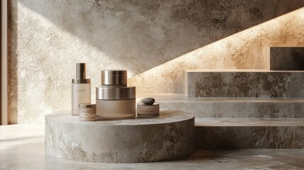 A top-down view of a stone podium with cosmetics displayed on natural stones, set against a stone wall, modern minimal beauty design